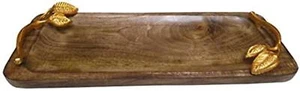 Extreme Karigari Natural Wood Long Rectangular Tray with Metal Leaf Handle-Set 1 - Picture 1 of 2