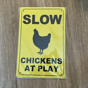 Funny Vintage Chicken Metal Sign Slow Chicken Play Tin Sign Chicken Cross 8x12 - Picture 1 of 3