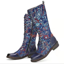 Womens Knee High Boots Ethnic Trend Leather Shoes Cowboy Printing Floral Casual