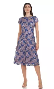 JS COLLECTIONS ROBIN LEAF AMETHYST/NAVY MIDI COCKTAIL DRESS sz 14 - Picture 1 of 5