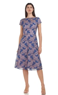 JS COLLECTIONS ROBIN LEAF AMETHYST/NAVY MIDI COCKTAIL DRESS sz 14 - Image 1 of 4