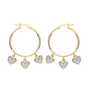 9ct Gold on Silver Sparkling Moondust HEART Charm Drop Hoop Ladies Earrings - Picture 1 of 6