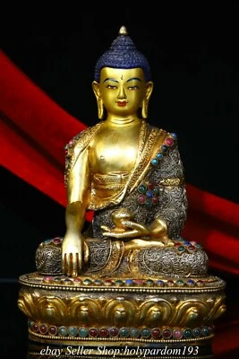 8.4" Antiguo Tíbet Bronce 24K Oro Incrustación Gemas Shakyamuni Amitabha Buda Estatua Foto 1 de 4
