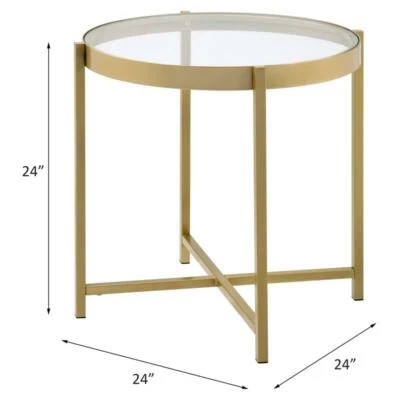 Mesa auxiliar redonda de vidrio charrot ACME con base de barra transversal en transparente y dorado Foto 1 de 4