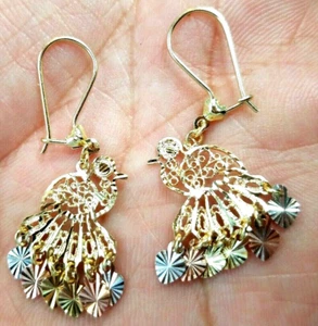 GOLD peacock chandelier earring 14k Solid Gypsy Filigree hang dangle long 1.50" - Picture 1 of 11
