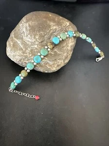 Womens Blue Turquoise Bead Southwestern Sterling Silver Link Bracelet 8" 17237 - Picture 1 of 12
