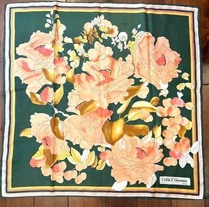 ODILE ST. GERMAIN PARIS GREEN PEACH ORANGE GOLD FLORAL SILK SCARF 30" SQUARE - Picture 1 of 3