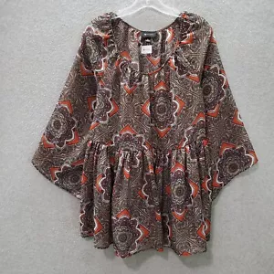 AB Studio Women Top XL Brown Floral Paisley Geometric Blouse Boho Flared Sleeve - Picture 1 of 8