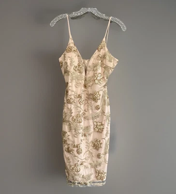 A’Gaci Cream Gold Embroidered Sequin Lace Bodycon Dress Size M  - RUNS SMALL - Image 1 of 4