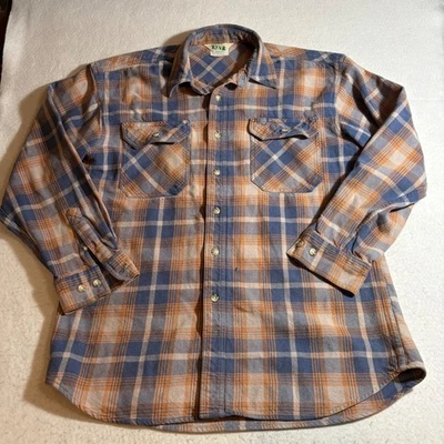 Vintage KEY Plaid Flannel Shirt Mens Large Long Sleeve Button Front Blue Orange - Image 1 of 4