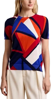 NUEVO CON ETIQUETAS $125 Suéter Ralph Lauren Para Mujer Azul Multi Mezcla de Algodón Manga Corta Talla L Foto 1 de 4