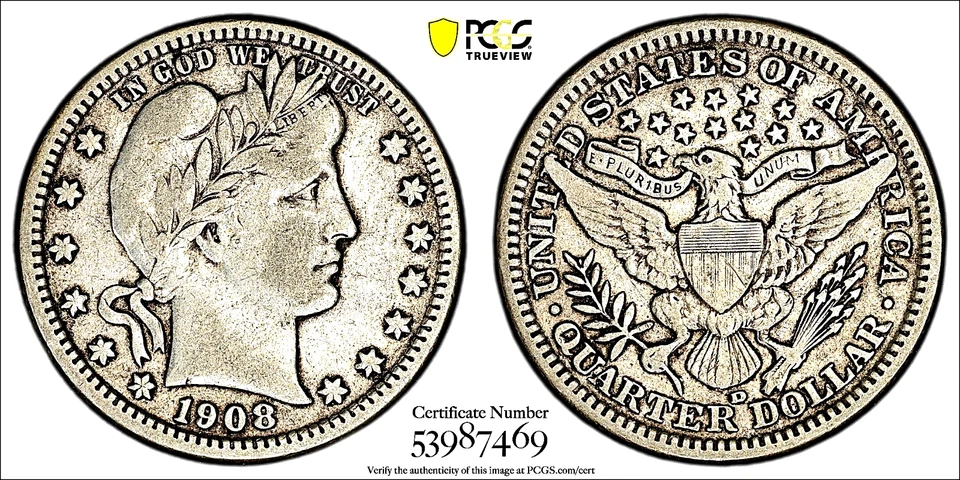 1908-D BARBER QUARTER / PCGS VF30 / HARD TO FIND / PRISTINE / REGISTRY QUALITY - Image 1 of 4