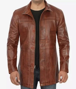 Mens Premium Waxed Leather Car Coat Cognac Brown, Tall Fit Style - Picture 1 of 6