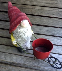 Vintage Large Garden Gnome Statue Resin Composite with Wheel Barrel 19" Long - Picture 1 of 16