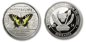 Congo 2014 Large Silver Color Proof 30 Francs -Machaon Butterfly -mintage 2000 - Picture 1 of 1