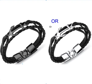 Men's Stainless Steel Leather Personalized Anchor Bracelet 7.87 Inches (20cm)New - Picture 1 of 9