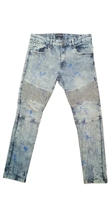 Motociclista Balmain Paris angustiado com nervuras com respingos de tinta azul tamanho 32/32 - Imagem 1 de 4