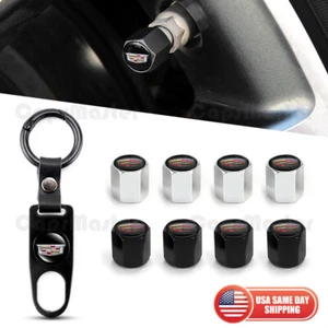 Car Wheels Tire Valve Dust Stem Air Cap Cover + Keychain With New Cadillac Logo - Picture 1 of 7