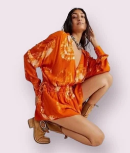 Free People Tie Dye Romper M Orange Long Sleeve Boho Surplice V-Neck Crinkle - Picture 1 of 12