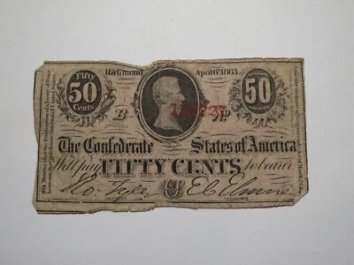 $.50 1863 Richmond Virginia VA Confederate Currency Bank Note Bill RARE T63 - Image 1 of 2