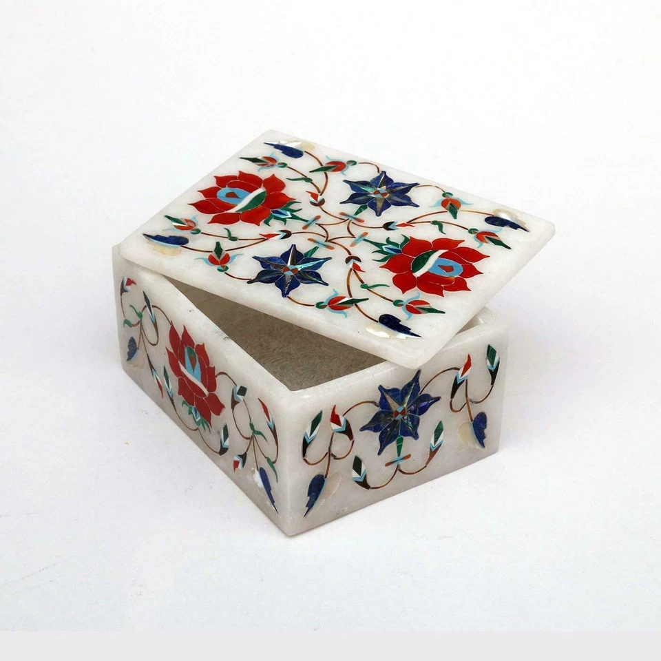 Marble Jewelry Box Semi Precious Stone Pietra Dura Art Handmade Home Decor Gifts - Image 1 of 1