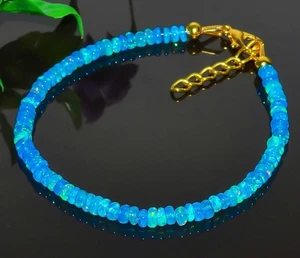 Solid 925 Sterling Silver Natural Ethiopian Opal Gemstone Beads 7"Bracelet - Picture 1 of 2