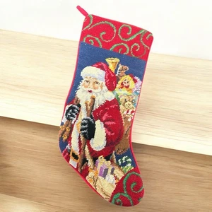 Vintage Needlepoint Santa Clause Christmas Stocking Red Fabric Backing - Picture 1 of 6