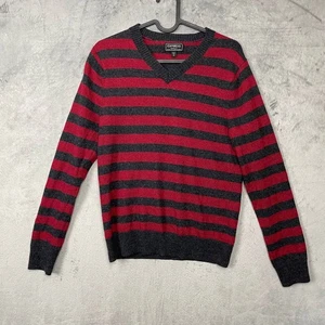Men Grunge Red Black Striped Merino Wool V-Neck Sweater Small School Academia - Picture 1 of 5
