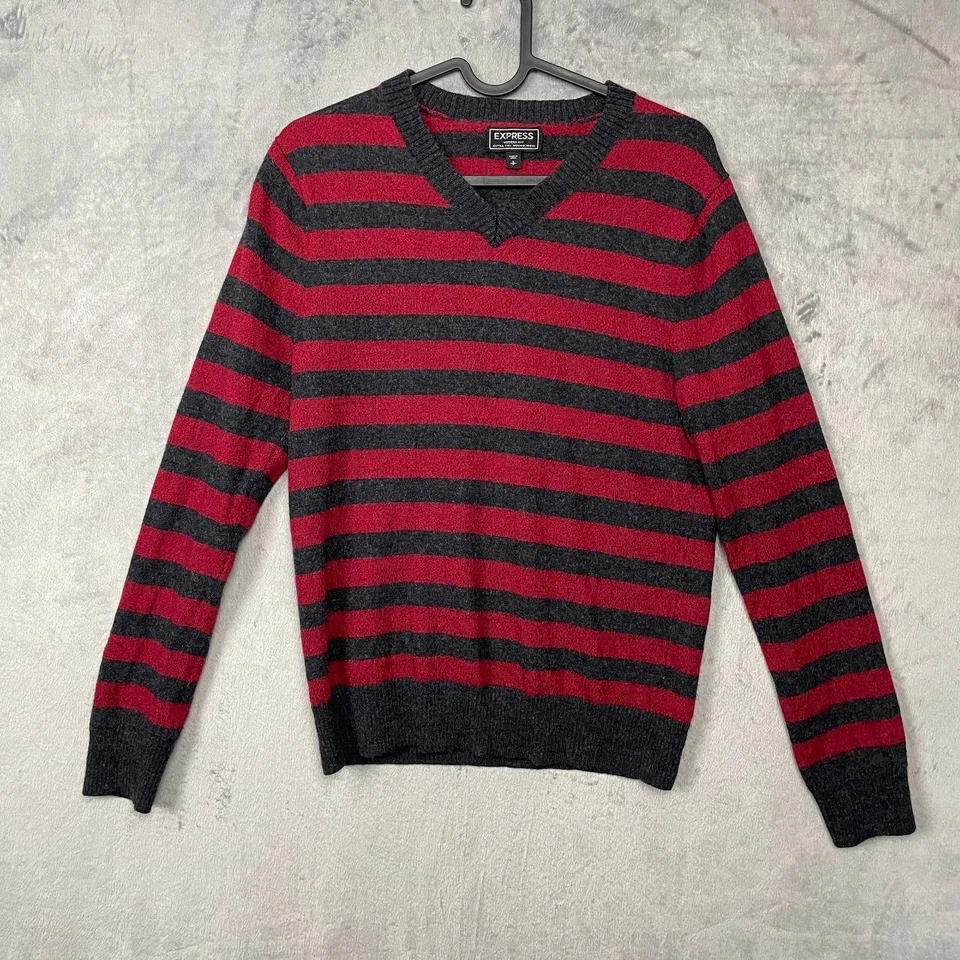 Men Grunge Red Black Striped Merino Wool V-Neck Sweater Small School Academia - Image 1 of 4