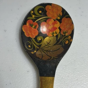 KHOKHLOMA Wooden Spoon Hand Painted RUSSIAN Lacquer Black Red & Gold Vintage - Picture 1 of 9