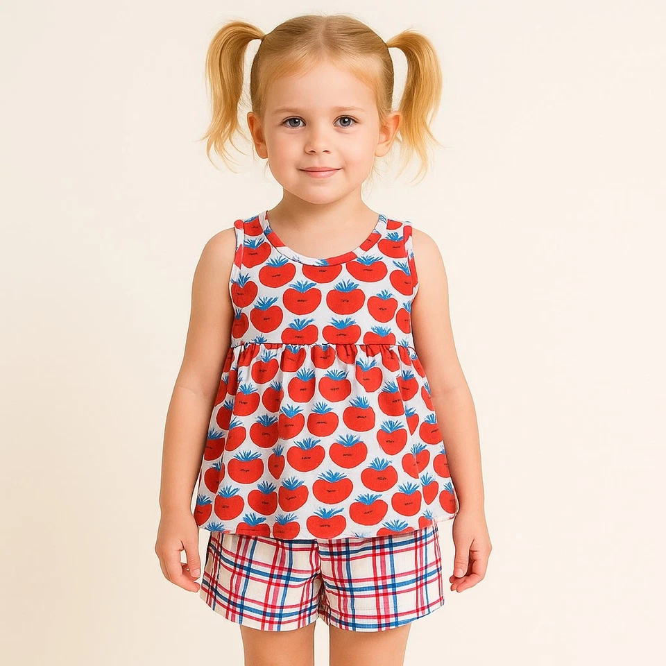 Conjunto de pantalones cortos y mangas Hanna Anderson fresa y cuadros para niña talla 12 Foto 1 de 4