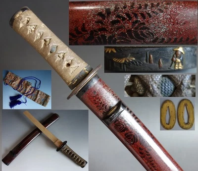 Koshirae Wakizashi trébol arbusto rojo saya pino maíz menuki tsuba espada ajuste Foto 1 de 4