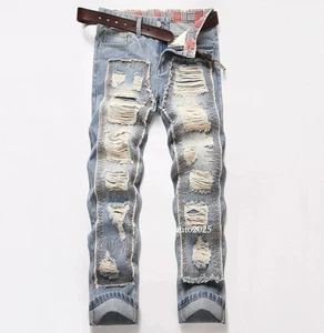 Men's Light Blue Denim Jeans Ripped Straight Leg Casual Pants Trousers Punk Hot - Picture 1 of 25