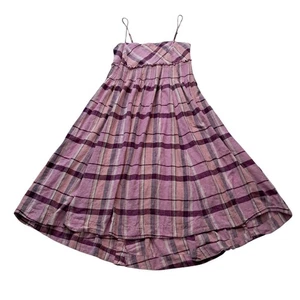 Maeve Anthropologie Midi Dress Women's Large Pink Plaid Linen Pleated Hanky Hem - Picture 1 of 13