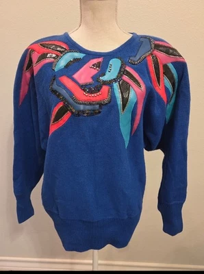 Suéter Vintage Años 80 90 Abstracto Azul Lentejuelas Cuero Talla M Colorido Brillante Foto 1 de 4