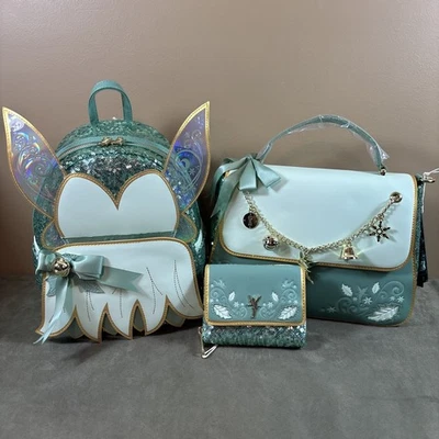 Loungefly Disney Campanilla Verde Vacaciones Lentejuelas Mochila Bolso Cartera Conjunto Nuevo con Etiquetas Foto 1 de 4