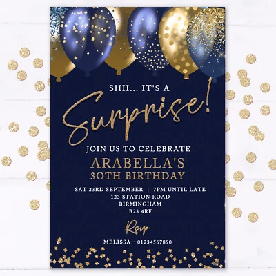 SUNSHINE PARTY UK Personalised Surprise Birthday Party Invitations, Blue, Gold, 18th 21st 40th
