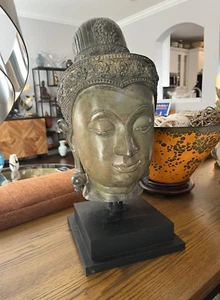 18" BRONZE BUDDHA HEAD on modern display stand - Picture 1 of 17