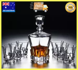 7 Piece Ice Cube Design Glass Whisky Decanter And Cup Set 1 Decanter + 6 Cups - Picture 1 of 12