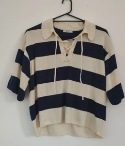 Tu Collared Short Sleeve Fleece Top Stripey Size 16 - Picture 1 of 5