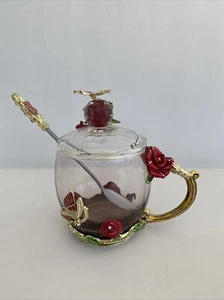 Taza de té café taza de vidrio esmalte 3D rosas, taza de té mariposa con tapa y cuchara  - Imagen 1 de 12