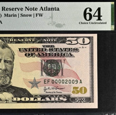2004 $50 Federal Reserve Note PMG 64 Wanted Birthday Low Serial Number 00002009 - Image 1 of 3