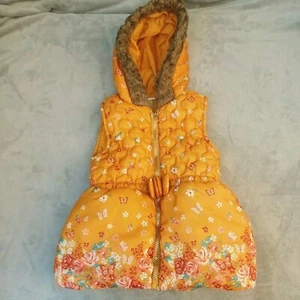 Little Lass Puffer Vest Girls 6 Yellow Floral Quilted Fur Hooded Zip Up Jacket - Picture 1 of 15