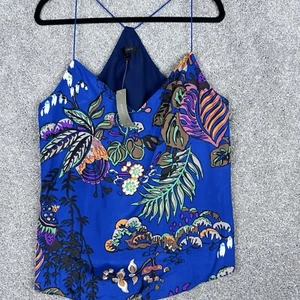 J. Crew Tank Top Women's 12 Blue 100% Silk Strappy Floral V Neck Pullover Bold - Picture 1 of 14