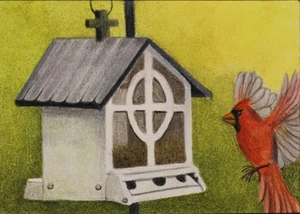 Cardinal At Feeder, ACEO Art Original, Color Pencil/Watercolor 2.5x3.5", Signed - Picture 1 of 2