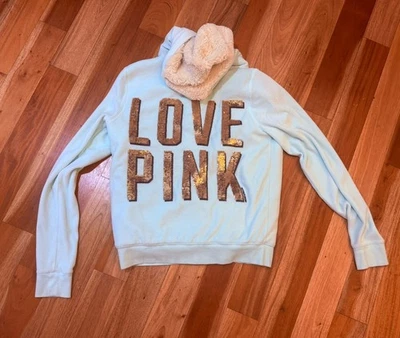Chaqueta Azul Forrada De Colección Y2K Victoria Secret Love Rosa TALLA M Sudadera con Capucha Bling Piel Foto 1 de 4