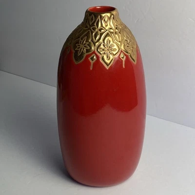 Decorative Dark Red Home Decor Vase 9-3/4” Gold Trim - Image 1 of 4