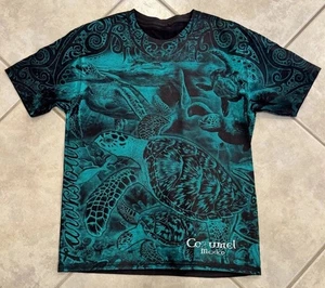 Vtg Y2K Cozumel Mexico Men’s Small Shirt Sea Turtles All Over Print Teal Blue - Picture 1 of 6