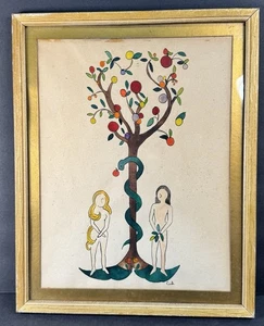 Pintura de arte popular vintage de Adán y Eva firmada Cid árbol bíblico serpiente enmarcada - Imagen 1 de 16