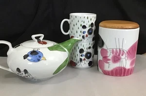 Helina Tilk Porzellan skurrile Katze Marienkäfer Teekanne 2 Tassen Glas Kanister Deckel Set - Bild 1 von 21